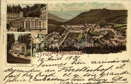 T2 1921 Mariánské Lázne, Marienbad; Kreuzbrunnen, Waldquelle / General View, Fountain, Forest Spring, Litho - Autres & Non Classés