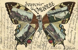 T2/T3 1905 Vallorbe, Souvenir, Pont Du Day / Railway Bridge. Art Nouveau Montage Postcard With Butterfly Lady (EK) - Sonstige & Ohne Zuordnung