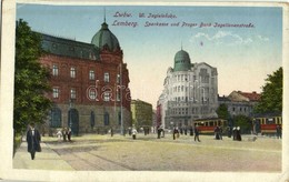 T2/T3 1916 Lviv, Lwów, Lemberg;  Ul. Jagielonska / Sparkasse Und Prager Bank Jagellonenstraße / Street View, Savings Ban - Other & Unclassified