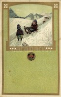 T2 1910 Children With Sleds, Winter, Golden Decoration, Litho, Deutscher Schulverein - Ohne Zuordnung