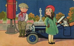 T2 At The Gas Station, Children, Automobile, Dog, Art Postcard - Unclassified