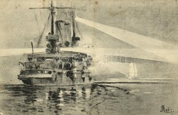 ** T2/T3 Projektorenübung. K.u.K. Kriegsmarine / Austro-Hungarian Battleship's Projector Exercise. Phot. Alois Beer, Ver - Sin Clasificación