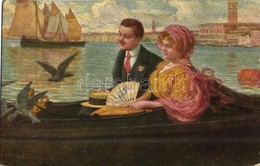 * T2/T3 Couple In A Boat, Pigeons, Sailship, Italian Art Postcard No. 3069/I. (worn Corner) - Zonder Classificatie