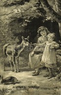 ** T2 Girls In The Forest, Deer, Rabbit, Golden Decoration, Art Postcard S: W. K. - Zonder Classificatie