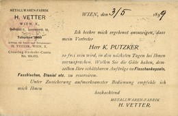 T2/T3 1899 H. Vetter Metallwaren-Fabrik. Wien X. Quellenplatz 6. / Viennese Metalware Factory Advertisement Card (tiny T - Non Classificati