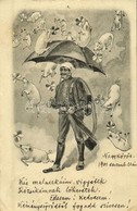 T2/T3 1901 Újév / New Year Greeting Art Postcard, Chimney Sweeper With Falling Pigs (EK) - Non Classés