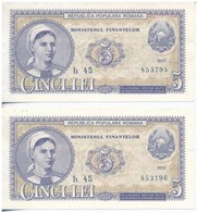 Románia 1952. 5L (2x) Sorszámkövetők T:III 
Romania 1952. 5 Lei (2x) Sequential Serials C:F
Krause KM#83 - Unclassified