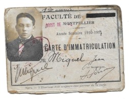 FACULTE DROIT MONTPELLIER - MIQUEL JEAN HERAULT - 1916 1917 CARTE D IMMATRICULATION - Historical Documents