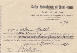 RECU DE TAXE DE SEJOUR  - STATION HYDROMINERALE DE CHATEL-GUYON -1924 - Lettres & Documents