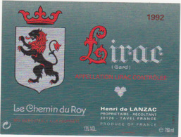 Etiquette Vin LIRAC (Gard) - 1992 - Henri De LANZAC à TAVEL - 750 Ml - Autres & Non Classés