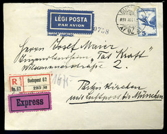 BUDAPEST 1931. Expressz-ajánlott Légi Levél Repülő 5P Németországba Küldve  /  Express-reg. Airmail Letter Airplane 5P T - Lettres & Documents