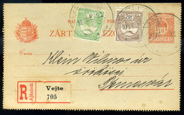 VEJTE 1911 Kiegészített, Ajánlott Zárt Díjjegyes Levlap Temesvárra  /  Uprated Reg. Sealed Stationery P.card To Temesvár - Gebraucht