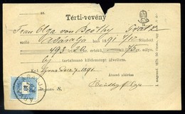 ÁRVAVÁRALJA 1891. Térti Vevény 10Kr-ral  /  Return Receipt 10 Kr - Used Stamps