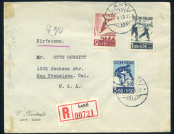 FINNORSZÁG 1938. Sísport . Lahti, Dekoratív Ajánlott Levél Az Usa-ba Küldve  /  Finland Skiing  Decorative  Reg. Letter - Other & Unclassified