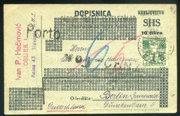 ESZÉK 1919. SHS Kiegészített, Cenzúrázott Díjjegyes Lap Berlinbe Küldve  /  SHS Uprate Cens.  Stationery  Card To Berlin - Croatia