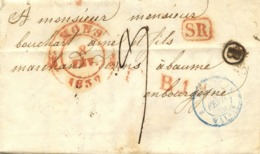 BELGIQUE - CAD MONS + BOITE B  + SR SUR LETTRE AVEC TEXTE DE PATURAGES  POUR LA FRANCE, 1839 - 1830-1849 (Belgique Indépendante)