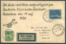 1930 Sweden Stockholm - Copenhagen - Hannover - Rotterdam First Night Flight Cover. - Covers & Documents