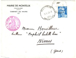 MONTEUX Vaucluse Lettre Entête Mairie 15 F Gandon Bleu Yv 886 Ob 1954 Horoplan "Pneumatique" Lautier A5 - Cartas & Documentos