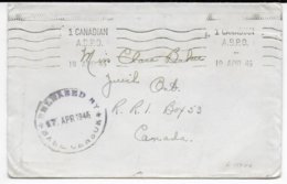 1945 - ARMEE CANADIENNE En EUROPE - ENVELOPPE Avec MECA A.B.P.O + CENSURE => ONTARIO - Briefe U. Dokumente