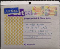 AUSTRALIA - FRAMA  Festive A20 00.20 B91 02.80 - Used Stamps On Air Mail (label) Postpak To Italy - Cartas & Documentos