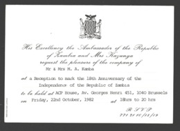 Zambia - 18th Anniversary Of The Independence - Ambassador Invitation Brussels / Bruxelles - Zambie