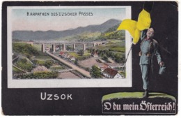 # 10739 Ukraine, Uzsok Postcard Unused 1916: Panorama, Viaduct, Soldier, Flag - Ucrania
