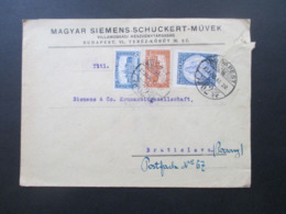 Ungarn 1923 Freimarken Parlamentsgebäude U. Patrona Hungariae Beleg Magyar Siemens - Schuckert Müvek Nach Bratislava - Brieven En Documenten