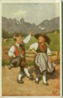 FEIERTAG KARL SIGNED 1920s POSTCARD - COUPLE OK KID IN TRADITIONAL COSTUME - EDIT AMONN ( BOLZANO ) N. N. 21573  (BG643) - Feiertag, Karl