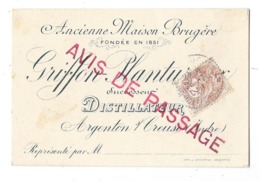 ARGENTON SUR CREUSE (36) Carte De Visite Avis De Passage Griffon Distillateur Timbrée - Other & Unclassified