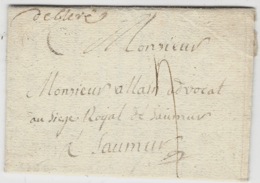1752 - Lettre   " De Bléré " ( Indre Et Loire ) Lenain L1 -  Manuscrit  Taxe 4 Sols Pour Saumur - 1701-1800: Vorläufer XVIII