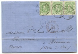 BELGIQUE (N°30 YVERT) X3 CAD MARIEMBOURG + BOITE AU SUR LETTRE AVEC TEXTE DE FRASNES POUR LA FRANCE, 1875 - 1869-1888 Lying Lion