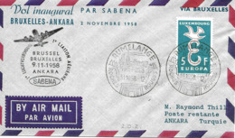 Bruxelles-Ankara Premier Vol 1958 Sur Lettre, First Flight Cover. Voir 2 Scan - Storia Postale