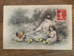 CPA, Illustrateur Wichera, Joyeuses Pâques, (MM Vienne, M Munk) Femme Allongée,fillette, Poule, Poussins,Viennoise, 1909 - Wichera