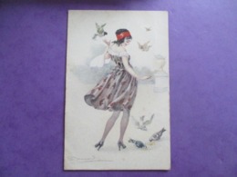 CPA ILLUSTRATEUR S.BOMPARD JEUNE FEMME ROBE PIGEONS - Bompard, S.