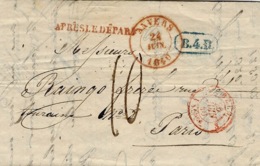 1840- Lettre D'ANVERS  B.4.R Bleu  + Après Le Départ  Taxe 10 D Pour Paris - 1830-1849 (Independent Belgium)