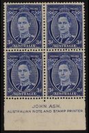 1937-49 3d Bright Blue (Die III), Perf 15 X 14, SG 186, ASH IMPRINT BLOCK OF FOUR, Very Fine Mint (lower Pair Never Hing - Other & Unclassified