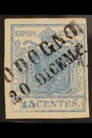 LOMBARDY & VENETIA 1850 45c Blue Type I On VERTICALLY RIBBED Hand-made Paper (SG 5c, Sassone 17, Michel 5 XR), Superb Us - Otros & Sin Clasificación