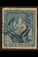 1855-58 (1d) Pale Blue Britannia, SG 9, Large To Huge Margins And Crisp "1" Cancel. For More Images, Please Visit Http:/ - Barbades (...-1966)