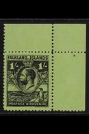 1929-37 1s Black On Bright Emerald Whale & Penguins Line Perf 14, SG 122a, Superb Never Hinged Mint Upper Right Corner E - Islas Malvinas