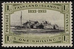 1933 1s Black And Olive-green Centenary "Government House - Stanley", SG 134, Fine Mint. For More Images, Please Visit H - Falkland