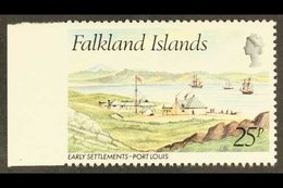 1981 25p Early Settlements Port Louis (SG 390) IMPERFORATE AT LEFT BETWEEN STAMP AND SHEET MARGIN, Never Hinged Mint. At - Islas Malvinas