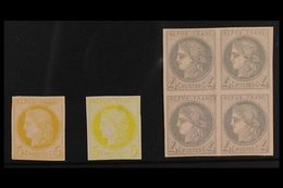 ESSAYS THIRD REPUBLIC 1870 4c Grey on Rose BLOCK Of 4, 5c Yellow On Rose And 5c Lemon Yellow Singles Ceres IMPERF ESSAYS - Altri & Non Classificati