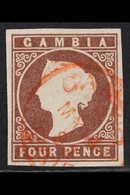 1874 4d Brown, CC Wmk, Imperf, SG 5, 4 Clear To Wide Margins & Light Red Cds Cancel, Very Fine Used For More Images, Ple - Gambia (...-1964)