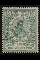 1910 15c+5c Green Plebiscite, Sass 90, Very Fine Used. Cat €250 For More Images, Please Visit Http://www.sandafayre.com/ - Sin Clasificación