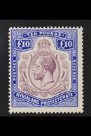 1913-21 £10 Purple And Royal Blue With BREAK IN SCROLL, SG 99ea, Mint With Lovely Bright Fresh Appearance, The Gum With  - Nyasaland (1907-1953)