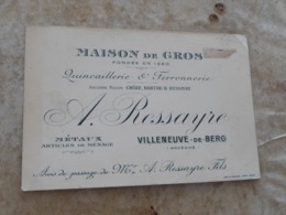 Carte De Visite CDV Pub Publicitaire   Ardèche Ressayre Villneuve De Berg Quincaillerie Ferronnerie - Visiting Cards