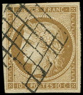 EMISSION DE 1849 - 1    10c. Bistre-jaune, Très Bien Margé, Obl. GRILLE, TB. C - 1849-1850 Cérès