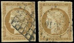 EMISSION DE 1849 - 1    10c. Bistre-jaune, 2 Ex. Obl. GRILLE Et PC, Signés C Et S - 1849-1850 Cérès