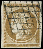 EMISSION DE 1849 - 1c   10c. Bistre-VERDATRE FONCE, Obl. GRILLE, Grandes Marges, TTB. S - 1849-1850 Cérès