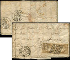 Let EMISSION DE 1849 - 1    10c. Bistre-jaune, PAIRE Obl. GRILLE S. LAC, Càd T15 BOURG-DU-PEAGE 12/8/51, Tarif MILITAIRE - 1849-1850 Cérès